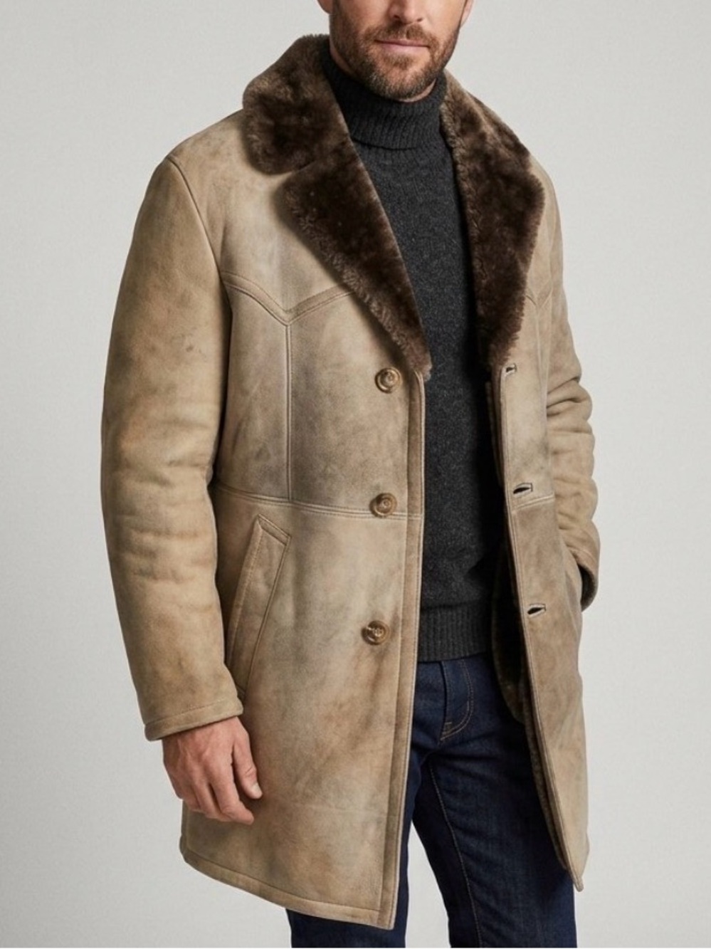 Men's Shearling Coat with Dark Brown Fur Collar - Tan